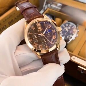 OLEVS Jam Tangan Pria Original Anti Air Kulit Tahan Keren Led Hitam Coklat Luxury Chronograph Watch