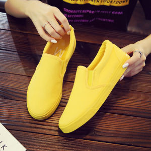 Yellow Canvas Shoes Womens Slip-On Flat Bottom Couples Sneakers Breathable Low Cut round Toe Rubber Outsole Korean Style
