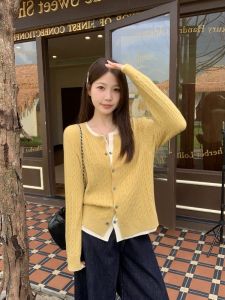 AIYITI | Stylish Yellow Knit Cardigan 2026 Spring New Plus Size Faux Two-Piece