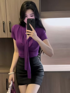 Áo Thun Tay Ngắn Ôm Vừa Vặn Gợi Cảm Mùa Hè 2025 Áo Thun Tay Ngắn Xếp Ly Cổ Tròn Không Tay Màu Trơn Phong Cách Hàn Quốc