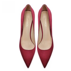 รองเท้าส้นสูงหัวแหลมเซ็กซี่สำหรับผู้หญิง ทรงหัวมน ด้านบนทำจากผ้าไหม รองเท้าส้นเตี้ยแบบสวม สีแดงสด สำหรับงานปาร์ตี้