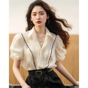 เสื้อเชิ้ตผ้าชีฟองแขนสั้นสไตล์ฝรั่งเศส เสื้อผ้าทำงานฤดูร้อน ทรงหลวมๆ แขนพอง คอโปโล สีพื้น เสื้อผ้าทำงานสไตล์ยูนิเซ็กซ์