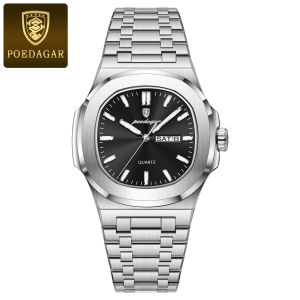 POEDAGAR Square Luxury Mens Wristwatch Luminous Waterproof Stainless Steel Male Clock Week Date Original Quartz Watches For Men
