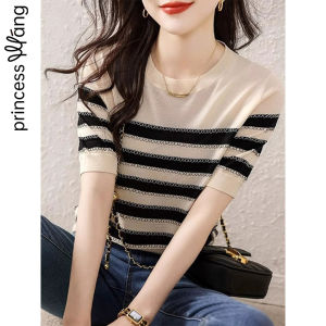 WANGGONGZHU | Princess Style Ice Silk Knitted Short Sleeve T-Shirt Women Summer New Fashion Anti-Aging Loose Fit Design Sense Niche