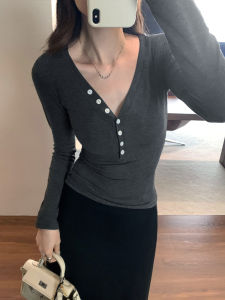 Button up Long Sleeve V Neck Slim Fit Base Shirt Womens Fashion Spring Autumn New Style Thin Show T Shirt Top Casual Simple Korean Version Polyester Fiber