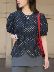 QINGNAER | Plus Size Fat Concealment Gentle Korean Style Polka Dot Contrast Bubble Sleeve Blouse