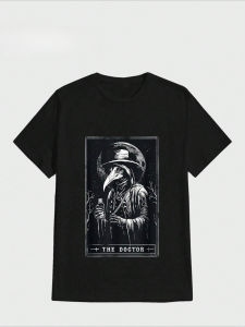 Vintage Plague Doctor Cards Casual Digital Print Pure Heavy Cotton Suitable for Men Black Casual Short-sleeved Round-neck Tshirt