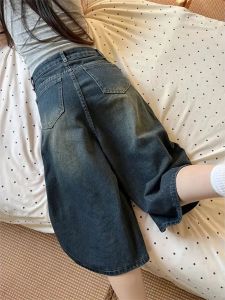 Slimming High Waist Wide Leg Distressed Washed Cotton Casual Summer Jean Skorts for Women Comfortable Breathable Adjustable Size