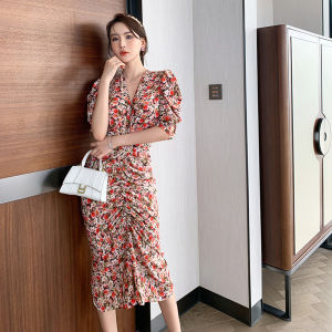 ZYHT (Giải phóng mặt bằng Sử dụng phiếu giảm giá) váy hoa kiểu pháp tay áo phồng thiết kế xếp li váy dài đuôi cá Thời trang thanh lịch eravogue  5029