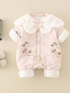 Autumn Winter Thickened Cotton Fleece Lined Baby Girl Romper Outwear Chinese Style Newborn Baby Clothes Warm Padded Coat