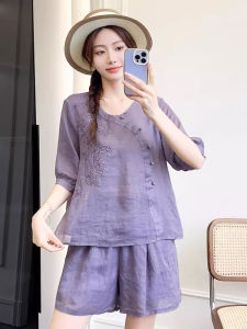 Shalldoer | Fashion Retro Summer Shorts Set with Round Neck Linen Short Sleeve Shirt and Wide Leg Pants