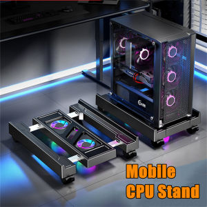 Mobile PC Tower Stand Adjustable Computer CPU Holder Telescopic Desktop Stand CPU Cart with RGB Cooling Fan Heat Dissipation