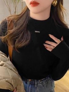 Retro American Womens Long Sleeve T-Shirt Autumn Winter New Style Velvet Brushed Inner Wear Base Shirt European Style Slim Fit Top