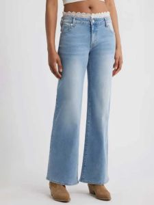Y2k Jeans For Woman Trendy Lace Detail Elastic Waist Washed Denim Slimming Stretch Trousers Skinny Fit
