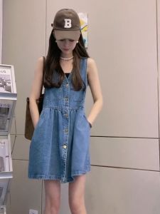 Summer GDAMSS Denim Vest Strap High Waist V-neck Dress Korean Style A-line Skirt Sleeveless Womens Dress Casual Home Wear