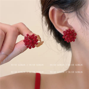 Red Handmade Beaded Crystal Flower Ball Earrings Fashionable Raspberry Design New Years Jewelry Earring Accessory for Women