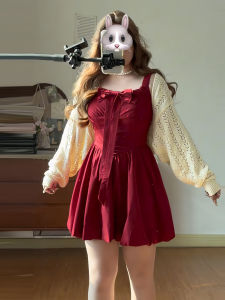 French Style plus Size Strap Dress Slimming Waist Christmas Theme Two Piece Set Womens Casual High Waist Gown with Bow Knot