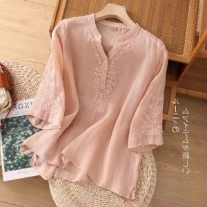 Cotton Linen Embroidered Shirt for Women Summer New Style Elegant Thin Short Sleeve T-Shirt Loose Fit V-Neck Floral Pattern