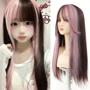 Synthetic 24 inch Loiita Black Pink Tousled Long Straight Wig Double Ponytail Hair Extensions cosplay wig Christmas