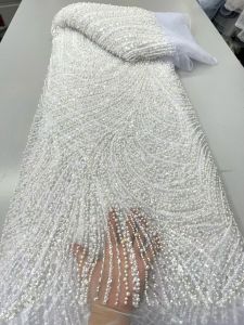 Pink African Groom Embroidered Sequin Lace Fabric 5 Yards French Nigerian Beaded Lace Fabric for Wedding Dress Sewing