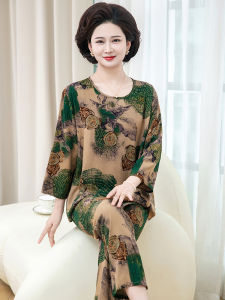 ชุดนอนผ้าไหมคอตตอนแขนยาวฤดูใบไม้ผลิและฤดูใบไม้ร่วงสำหรับคุณแม่ ชุดนอนผ้าไหมคอตตอนไผ่บาง ชุดอยู่บ้านสำหรับคุณแม่