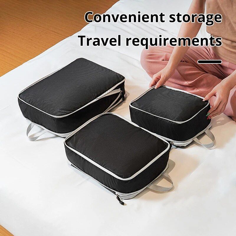 Set di 3 organizer da viaggio comprimibili, capienti e adatti a ogni occasione, nei colori nero, blu e grigio.
_voghion.com