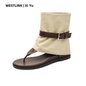 Flat Sandals with Belt Buckle and Toe Straps
