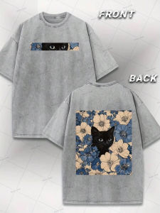 Short Sleeved Round Neck Y2k Tshirt woman Clothing New Top Tees T-Shirt Black Cat Floral Pattern Fun Print Vintage Washed