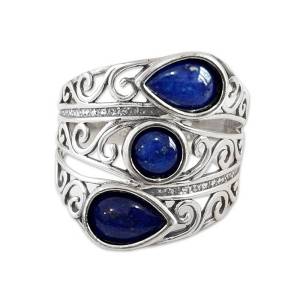 Huitan Hollow Out Design Women Vintage Ring Inlaid Blue Stone Noble Accessories for Party Anti Silver Color Elegant Jewelry
