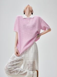 XIAODADEHUA | Polo Neck Short Sleeve Pink Loose Thin Knitted Top