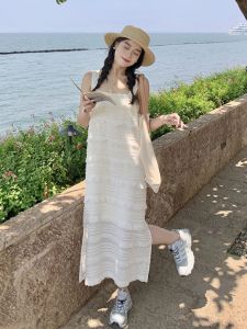 French Style Sweet White Strapless Dress Casual Summer Vacation High Waist A-Line Long Skirt for Women without Sleeve