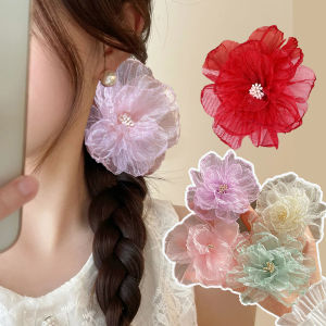 2ชิ้นกิ๊บติดผมผ้าออร์แกนซ่าแฮนด์เมดจำลองรูปดอกกุหลาบกิ๊บติดผมสามมิติเครื่องประดับผมแสนหวานเด็กผู้หญิง
