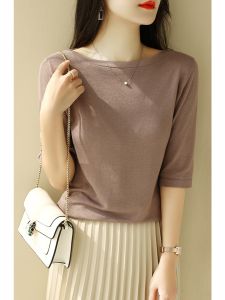 Black Knitted Slim Fit Top with Five Sleeves One Shoulder Design for Women Commute Style Korean Fashion Autumn Base Shirt