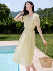 XIANGYING | Đầm Nữ Màu Vàng Cổ V Đính Ren Thêu Túi Bánh bèo Buộc Dây ở eo