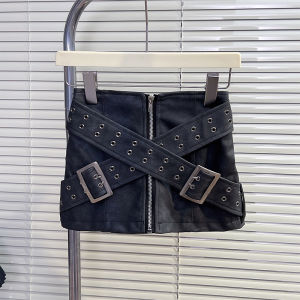 Fashionable Short Skirt for Girls PU Leather Cross Waist Belt Spring Summer New Style Street Style A-Line Skirt Half Body Skirt