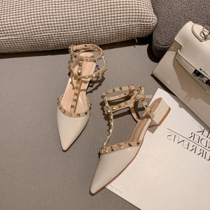 Closed Toe Rivet Sandals 2024 New Arrival Spring and Autumn High Heels Easiest for Match Fashion Pointed Toe Mid-Thick Heel Flat Womens Shoes