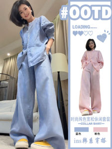 ชุดเสื้อเชิ้ตคอโปโลผ้าลินินสไตล์ฝรั่งเศสสำหรับผู้หญิงในช่วงฤดูร้อนปี 2025 ชุดสองชิ้นแบบบางกันแดด กางเกงขากว้างผ้าฝ้ายลินิน