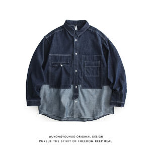 WUKONGYOUHUO | American Retro Pocket Color Block Loose Fit Mens Shirt Jacket