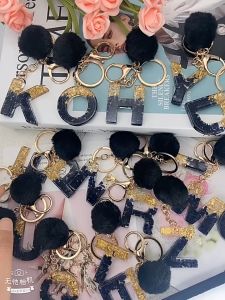 Fashion Gold Foil Black Stone Filled Letter Keychain With Pompom Women Glitter Gradient Resin