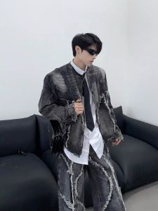 American Vibe Vintage Heavy Embellished Fringed Shoulder Denim Jacket Mens Autumn High Waist Bell Bottom Jeans Set