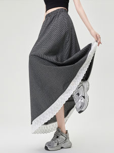 Summer Design Lace Trim Plaid A-Line Mini Skirt Womens High Waist Polyester Fiber Anti-Light Umbrella Skirt Long Skirt