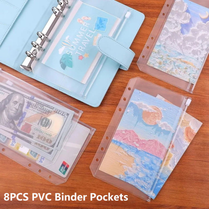 8PCS PVC Binder Pocket Cash Envelopes A5 A6 A7 Zipper Folders Pouches ...