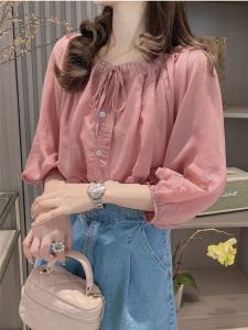 เสื้อเชิ้ตผ้าชีฟองแขนสั้นสไตล์ฝรั่งเศสสำหรับผู้หญิงในช่วงฤดูร้อน เสื้อเชิ้ตแขนยาวแบบบานแฟชั่นใหม่ ดีไซน์เก๋ไก๋ เสื้อเชิ้ตคอโปโลแขนยาว