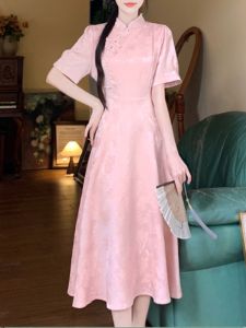 New Chinese Style Pink Qipao Dress Summer Large Size Wedding Engagement Return Gift Dress Womens Fashion High Waist Bubble Sleeve