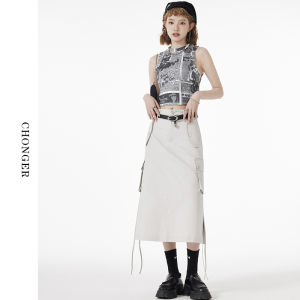 Summer American Retro Spicy Girl Workwear Mini Skirt High Waist Drawstring Side Split Design Slimming Midi Skirt for Women