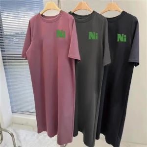 Summer Casual T-shirt Dress Women Loose Short Sleeve Maxi Dress O-neck Split Hem Letter Print Cotton Loungewear