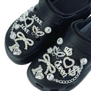 20PCS Shoe Charm Set Silver Crown Letter Butterfly Diamond Chain Shoe Decorations  Buckle for Sandals Clogs DIY Accessories Gift
