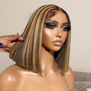 Mái Tóc Giả Bob Màu Nâu Vàng Sáng Mật Độ 200% Tóc Người Thẳng Chất Liệu Ren HD 13x4 Tóc Giả Ngắn 4-16 Inch Tóc Remy Brazil Kích Thước Trung Bình