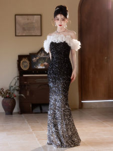 ชุดราตรีไหล่เดียวสีดำ ชุดราตรีสำหรับผู้หญิง งานเลี้ยงสังสรรค์ ไฮเอนด์ หรูหรา ประดับเลื่อม ชุดเดรสยาว ชุดเดรสยาว ทรงหางปลา ชุดราตรี