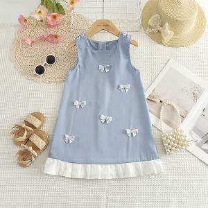 Menoea Korean Version Sequin Bow Pleats Dress Summer New Solid Color Kids Party Wear Raya Sweet Sleeveless Blue 2-7Years Girl Clothes